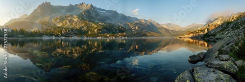 Mountains And Water. Panoramic Landscape of Tatra National Park, Lake at Dawn in Poland