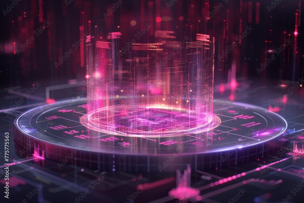 Holographic glowing diagram of the digital ecosystem of corporate communications. Holographic glowing diagram of the digital ecosystem of corporate communications.