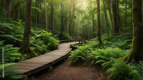 A scenic nature trail winding through lush forest scenery  inviting exploration and connection with the outdoors.
