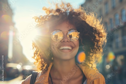 Happy Woman Outside. Natural Portrait of Stylish Woman with Curly Hair in Urban City © AIGen