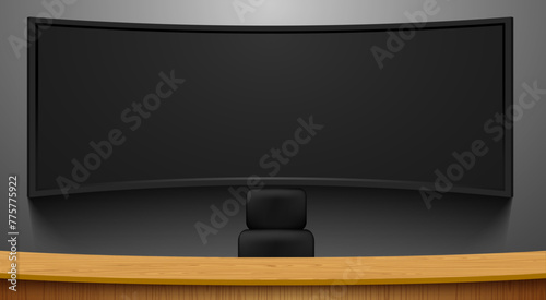 wooden table and lcds background in the news studio room	