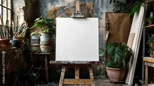 a pure white canvas of a painting standing on an easel in the artist's old studio