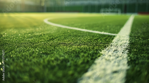 Fresh, lush green soccer field, immaculately kept for football, team sport surface close-up, © arhendrix