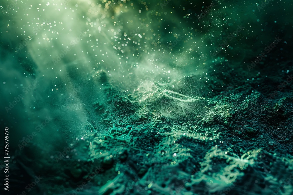 Close up of green powder on dark sand, underwater view, light effects, depth of field, volumetric lighting
