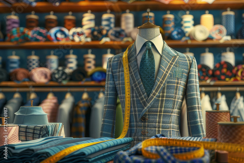 Tailor's mannequin with classic plaid suit and fabrics, tailoring concept