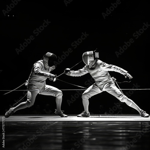 Two fencers engaged in an intense bout highlighted by the dramatic contrast of a monochrome filter emphasizing the motion and skill