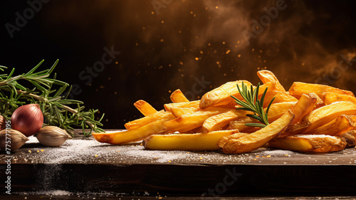 reshly made French fries in a stylish black serving tray, seasoned with sea salt and garnished with rosemary, paired with garlic bulbs on a rustic dark backdrop. photo