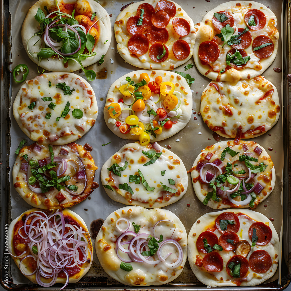 Assorted Mini Pizzas with Various Toppings on Baking Sheet from Above Assorted Mini Pizzas with Various Toppings on Baking Sheet from Above
