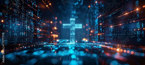 Digital blue Jesus Cross symbol. Christian religion concept. Generative AI technology. © Hero Design