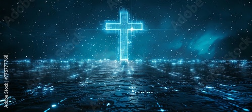 Digital blue Jesus Cross symbol. Generative AI technology.	
 photo