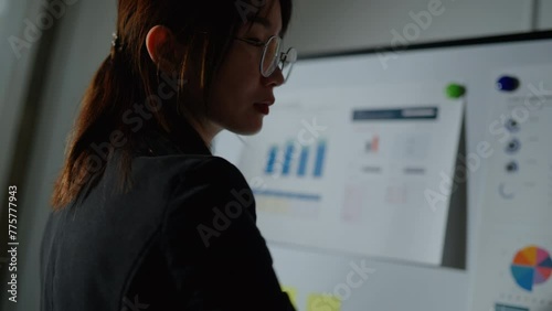 of professional businesswoman cross her arms confidently after finish pointing and business pointing presentation and explaining paperworks on board about business financial and marketing investment photo