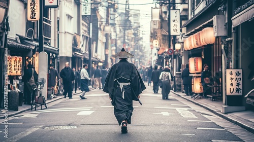 Samurai walks down the street of modern tokyo
