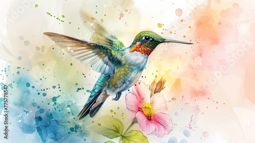 Hummingbird hovering over flower  watercolor  detailed in pastel shades  6K resolution  delicate and graceful