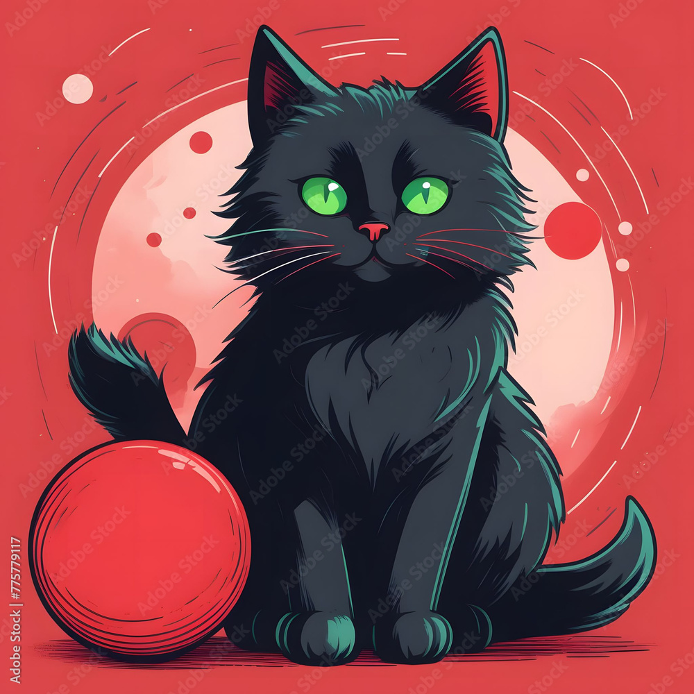 Super fluffy black cat with green eyes playing with a red ball Super fluffy black cat with green eyes playing with a red ball