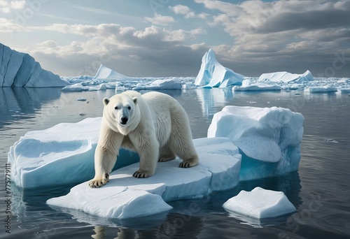 polar white bear stands on piece of ice in the ocean, environmental issue, melting glaciers, climate change, global warming