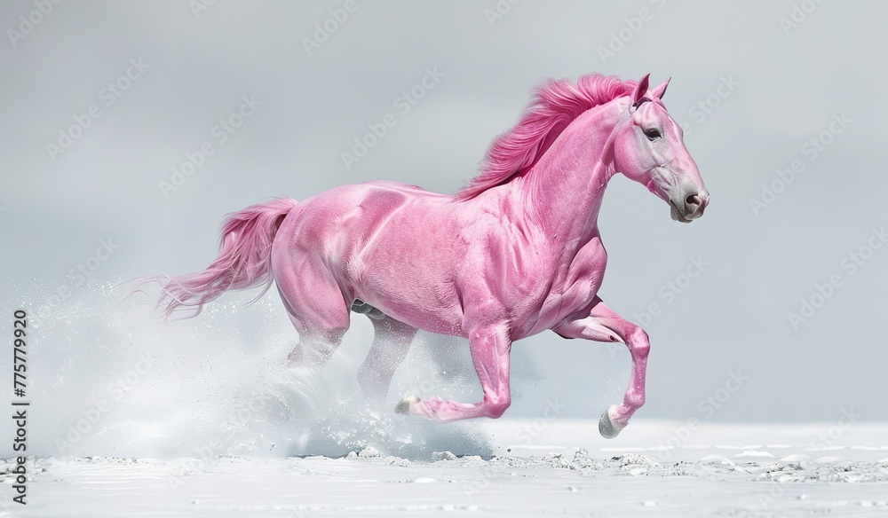 Pink horse running through the snow. The concept of strength and freedom.