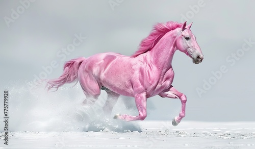 Pink horse running through the snow. The concept of strength and freedom.