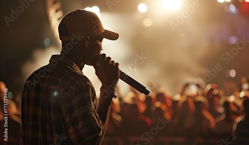 Musician on stage with microphone in front of a crowd. The concept of a concert.