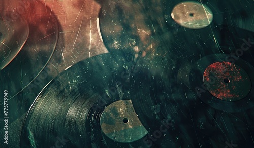 Surface with vinyl records under the rain. The concept of music. photo