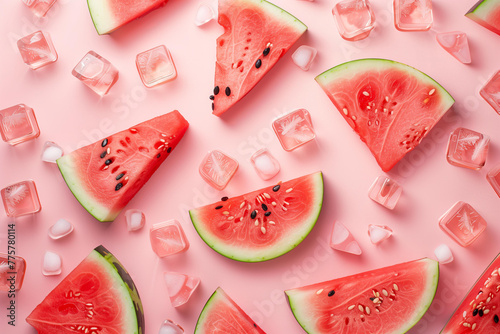 
Top view pattern of watermelon slices and ice cubes on a pink background, in a flat lay. Minimal summer concept. photo