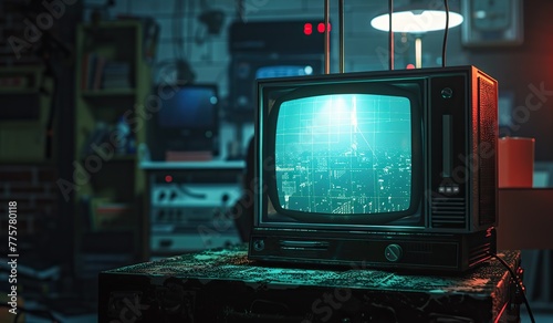 Vintage television on a table with an image of a cityscape on the screen. The concept of nostalgia and old electronics.