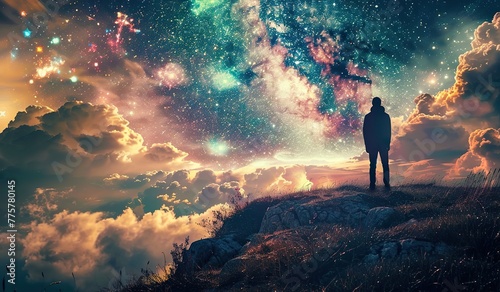 Person looking at the night sky full of stars and nebulae. The concept of dreams and infinity.