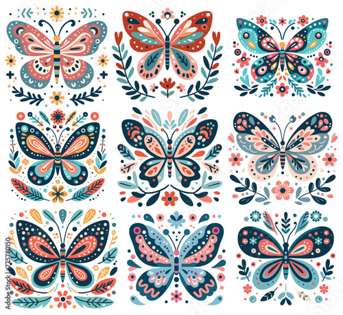 Butterflies Folk art, Butterfly vector graphics. Isolated on white background.Decorative elements for cards, invitations. Printing on clothes, mugs.
