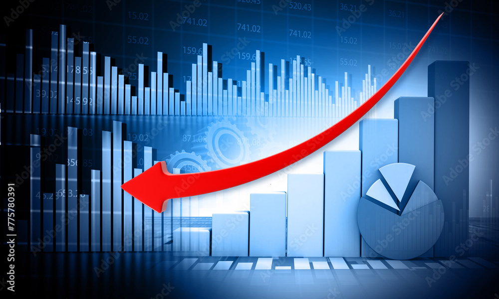 Down arrow showing stock market crash, stock market chart. 3d illustration.. Down arrow showing stock market crash, stock market chart. 3d illustration..