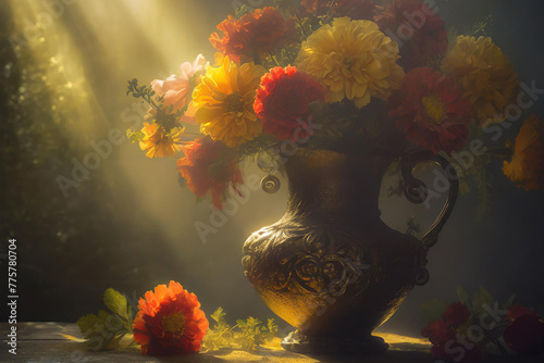 Close up of a vase filled with flowers on a table.