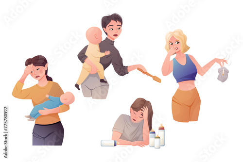 Difficulties of motherhood and postpartum depression. Tired women mothers with babies in their arms. Doing household chores with newborns. Set of vector cartoon isolated illustrations.
