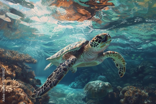 A serene sea turtle gracefully gliding through the crystal clear ocean waters in a painting.