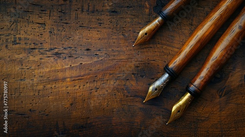 Elegant fountain pen on rustic wooden table background © nur