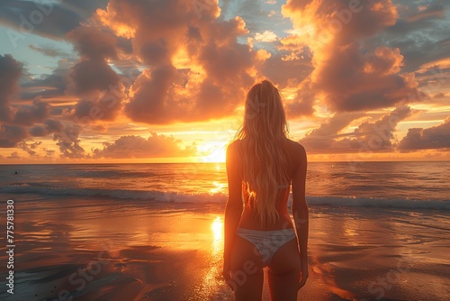 Woman in Bikini Walking on Beach at Sunset © D