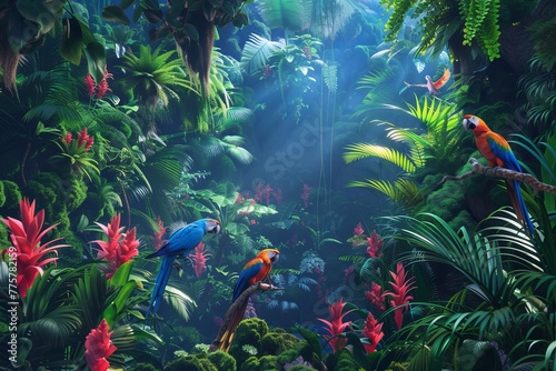 Multiple birds in flight pass through a dense and verdant forest filled with exotic plants and vibrant foliage.