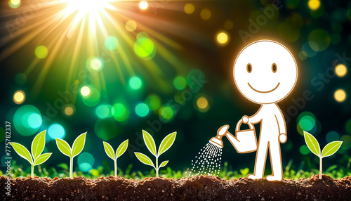 A Cheerful Stick Figure Nurturing Young Saplings Under the Radiant Sun.