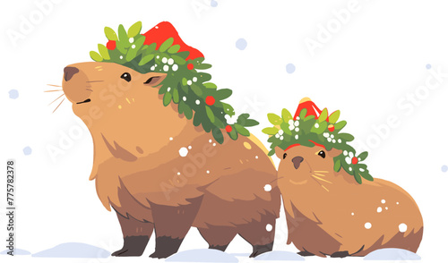 Flat vector illustration of two capybaras wearing festive Christmas wreaths and Santa hats in a snowy scene. Happy winter holidays.
