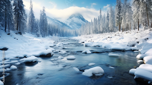 Winter mountain river in snowy landscape in hond as background © juraj