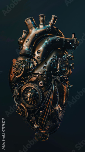 A realistic human heart made of mechanical parts and gears, on a dark background, in the cyberpunk photo