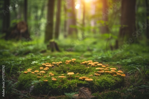 A group of mushrooms forming an enchanting fairy ring in the middle of a mossy glade in the forest.