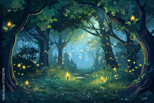 The painting captures a forest illuminated by the gentle glow of numerous fireflies.