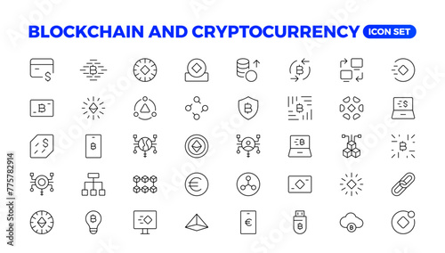 Blockchain, bitcoin thin line icons set vector illustration. Outline crypto money in digital wallet and data mining network, cryptocurrency exchange, transaction payment pictogram, cryptography Icons