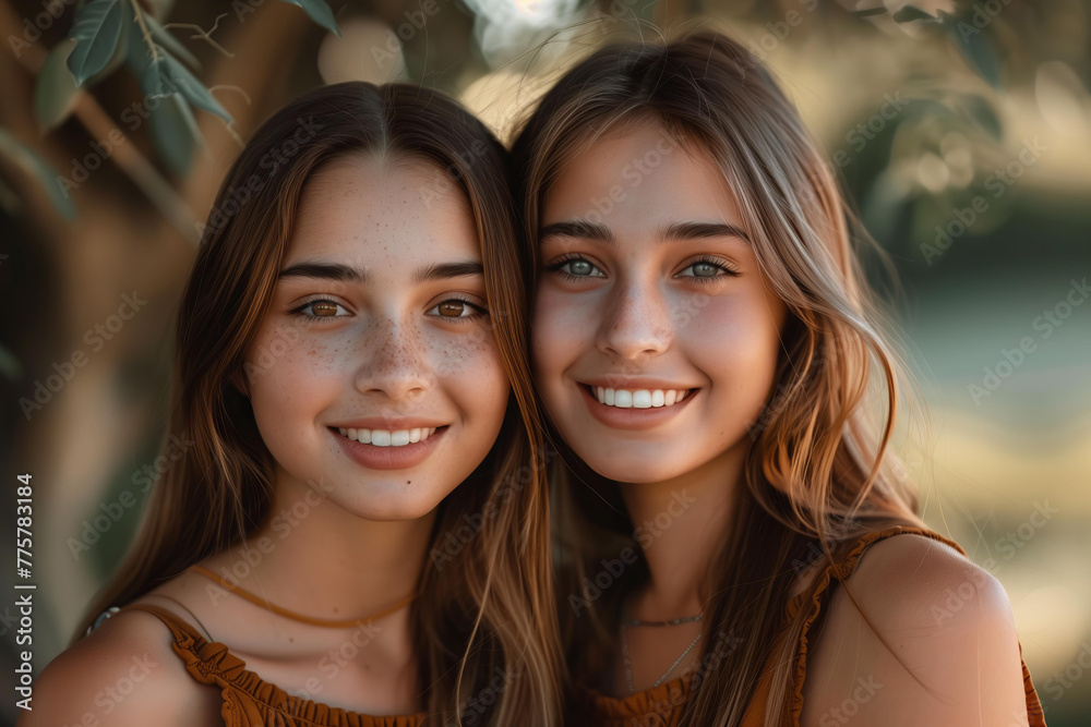 two beautiful twins, young women wearing identical clothes, candid smile
two beautiful twins, young women wearing identical clothes, candid smile