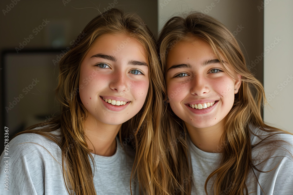 two beautiful twins, young women wearing identical clothes, candid smile
two beautiful twins, young women wearing identical clothes, candid smile