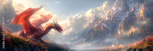 Majestic Dragon Soaring Above Enchanting,
Big angry red dragon spreading his wings on a top of a mountain in a vally on a sunset background
 photo