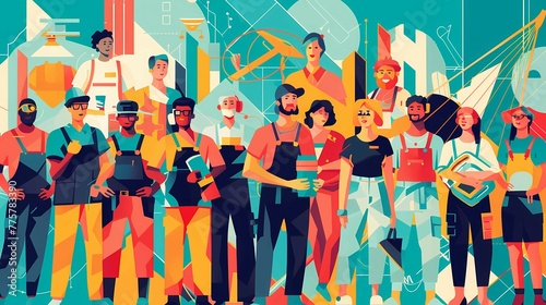 A vivid illustration for Labor Day on May 1, a large advertising banner with a group of people from different professions