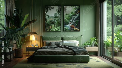 Modern bedroom with a bed interior. Luxury bedroom with a bed modern interior design, green bed, plants, lamp, carpet, poster with jungle landscape with birds and animals