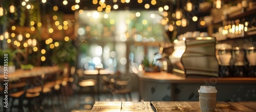 Blurred coffee shop with wooden table and chairs