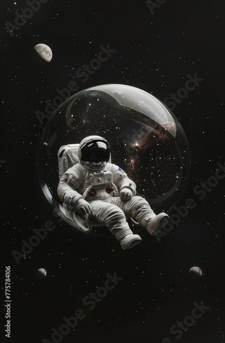 A small astronaut floating in space inside a bubble  with a black background featuring a moon and stars