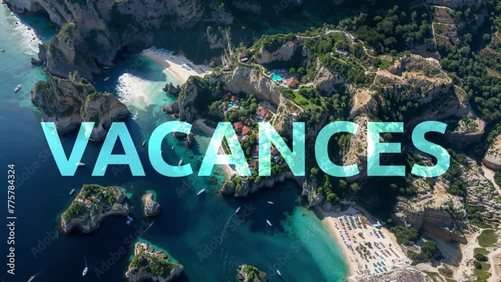 un paysage de plage zoom en arrière sur le mot vacances, puis un avion passe