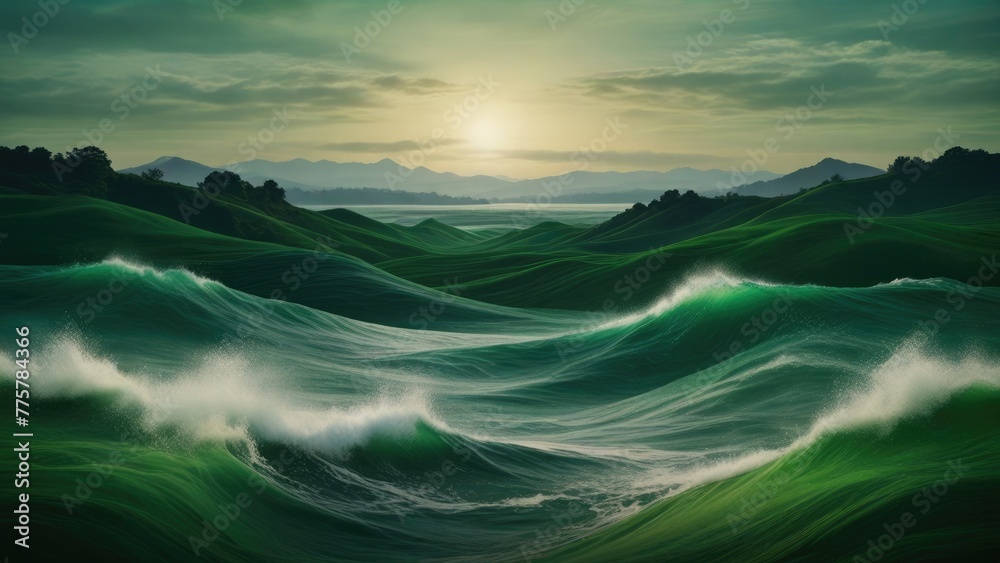 Verdant Harmony Abstract Green Waves Contrasting with Landscape Painting